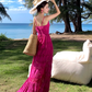 French retro heavy hollow flower embroidery design rose red suspender dress waist lace long skirt R0205