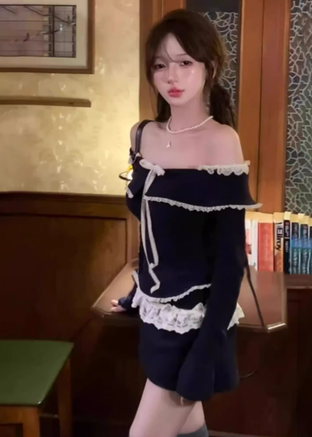 Pure desire design one shoulder short top 2025 lace patchwork skirt suit R1372