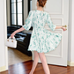 French green V-neck floral ruffles cool and slim commuter short dress summer R4074