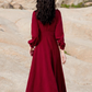 Red dress Hepburn style French retro v-neck petite long-sleeved red dress R1752