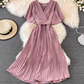 2025 new V-neck short-sleeved dress slim fit temperament waist tie big swing pleated long skirt R0345