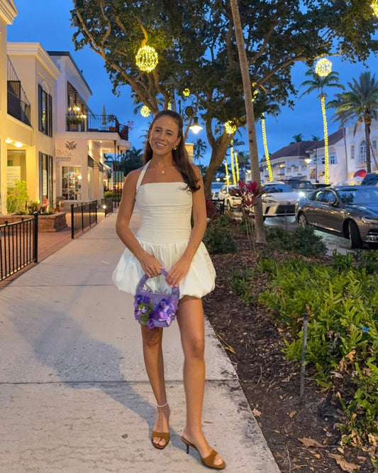 White halter neck slim waist flower bud skirt short skirt homecoming dress R3726