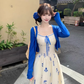 Large Size French Pure Contrast Embroidery Suspender Dress Cardigan Holiday Long Dress R1878