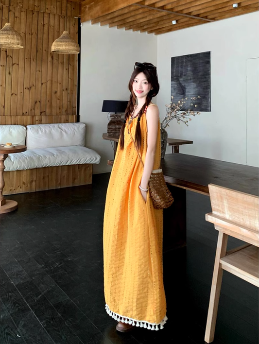 Artistic forest style layered beaded suspender long skirt travel wear dress knitted vest two-piece suit R1731