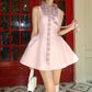 Pink polo neck slim waist A-line short skirt homecoming dress R3503