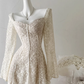High-grade low-cut white heavy lace trumpet sleeve short long-sleeved dress R2025