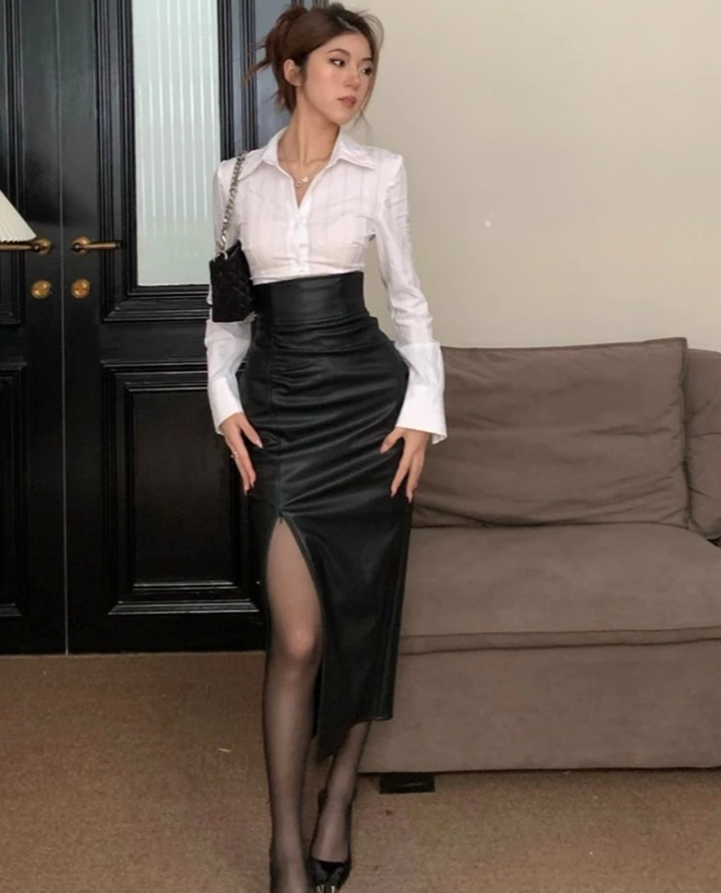 Pure desire sweet and spicy style white long-sleeved shirt 2025 plus size hot girl slit long skirt R1072