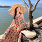 National style retro floral suspender dress temperament loose A-line long skirt R0615