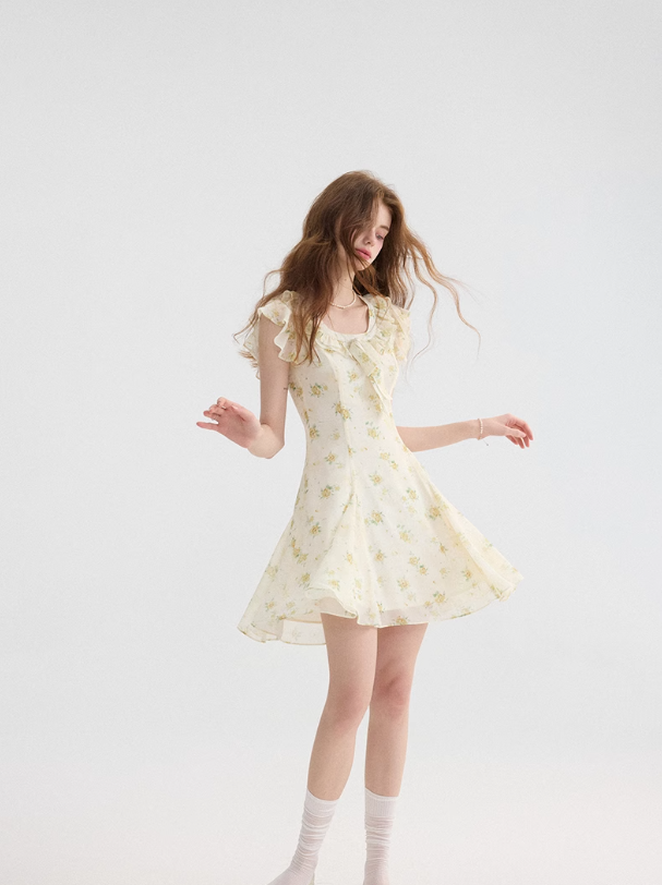 French tea break style floral dress ruffled short skirt R2701