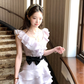 Purple waist round neck ruffled suspender dress women's summer skirt R4659