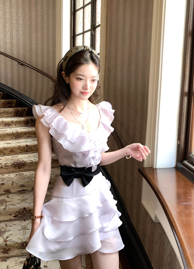 Purple waist round neck ruffled suspender dress women's summer skirt R4659