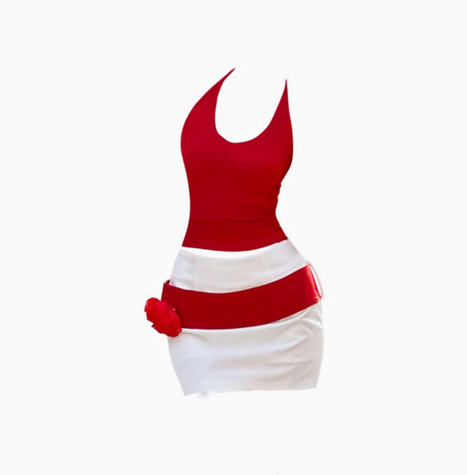 American hot girl halter neck backless top 2025 large size contrast color hip skirt suit R1395