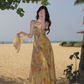 Yellow gradient floral suspender dress with gentle temperament and slim waist R0681