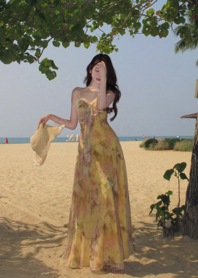 Yellow gradient floral suspender dress with gentle temperament and slim waist R0681