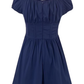 2025 Summer New Blue Square Neck Puff Sleeve Waist Slimming Short A-Line Dress R0944