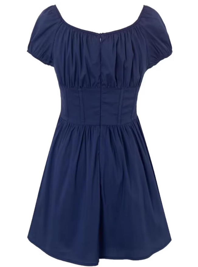 2025 Summer New Blue Square Neck Puff Sleeve Waist Slimming Short A-Line Dress R0944