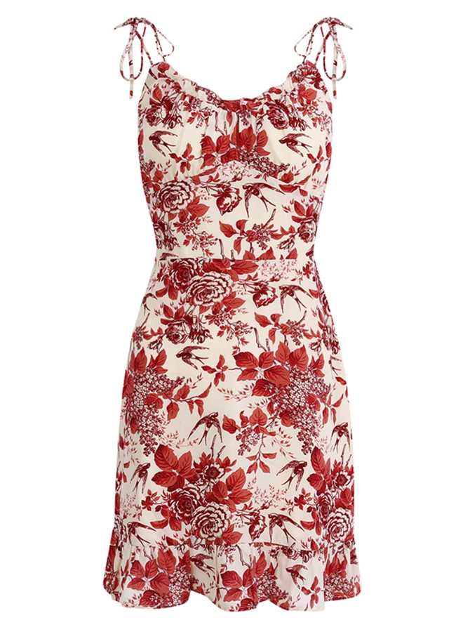 2025 summer new V-neck floral petite red A-line holiday suspender dress R0963