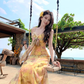 Gentle style floral suspender dress with backless and beautiful long dress R0561