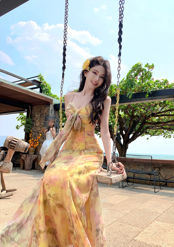 Gentle style floral suspender dress with backless and beautiful long dress R0561
