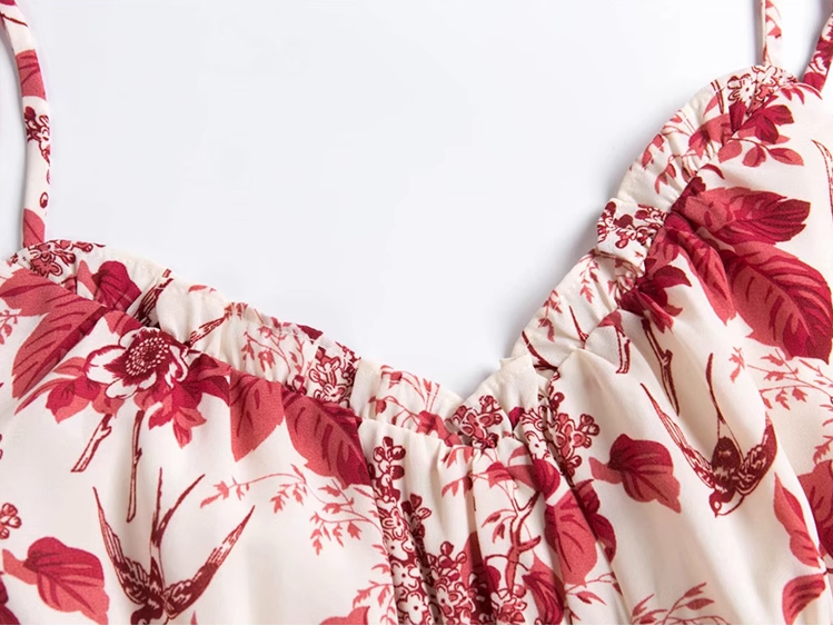 2025 summer new V-neck floral petite red A-line holiday suspender dress R0963