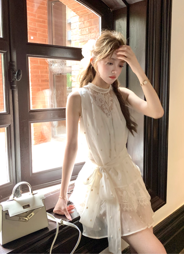 Apricot mid-length waist hollow embroidery polka dot dress summer French retro temperament skirt R4702