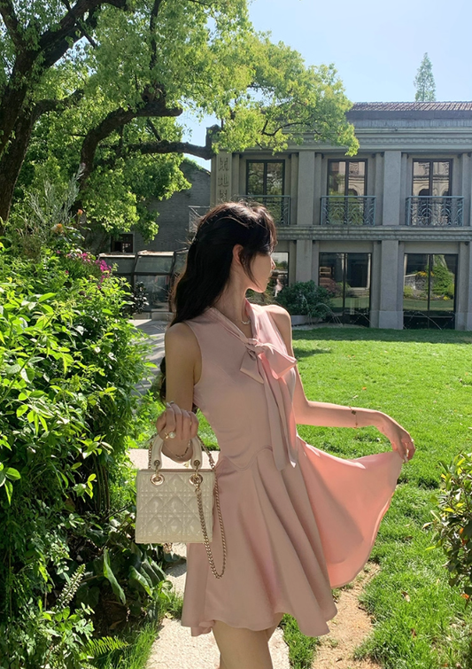 French style pink fake two-piece dress summer new temperament A-line short skirt R4341