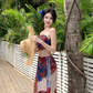 Holiday style retro print tube top vest irregular hip skirt two-piece set R0894