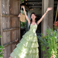 Green v-neck ruffled waist Tencel suspender dress women's summer French forest style skirt R4617