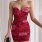 Red retro floral tube top waist pleated hip skirt homecoming dress R3196