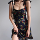 French style black floral suspender skirt retro wood ear high waist dress A-line short skirt R2860