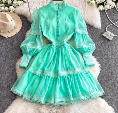 Lace splicing lantern sleeve winter short skirt lady French temperament waist slim ruffled small dress R0317