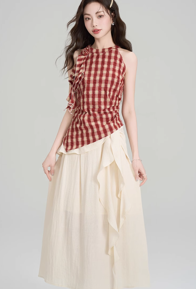 French irregular retro plaid halter neck off-shoulder top with strappy skirt two-piece set R2408