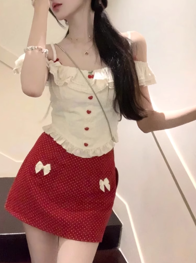 Pure desire design two-wear short slim top 2025 sweet polka dot skirt suit R1384