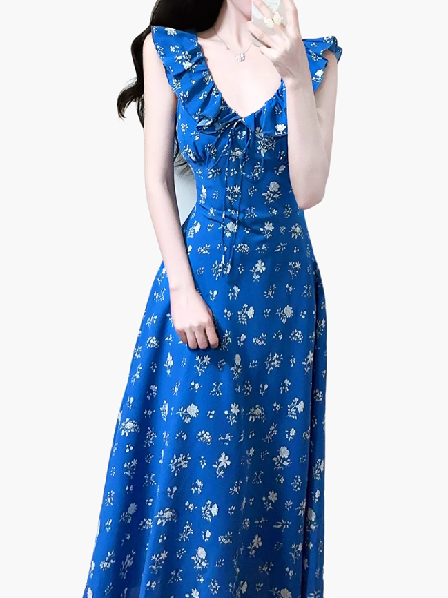 2025 Summer New Retro Blue Floral Ruffle Waist V-Neck Holiday Dress R0976