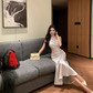 Sexy Swing Neck Off-shoulder Dress Temperament Waist Slit Hip Fishtail Dress R1508