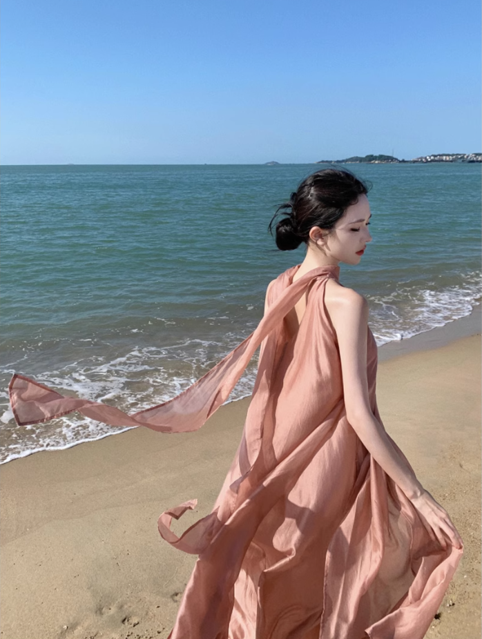Fairy Island Travel Outfit Halter Neck V-Neck Dress Beach Dress Loose Casual Long Dress R1732