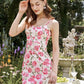 Pink floral suspenders waist slim short skirt homecoming dress R3474