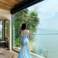Blue floral suspender dress, elegant waist and hip fishtail skirt R0630