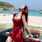 Beautiful red suspender dress sexy seaside holiday irregular short skirt R1477