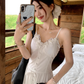 Fairy white Dingdal skirt waist skirt lace splicing slit suspender dress R1755