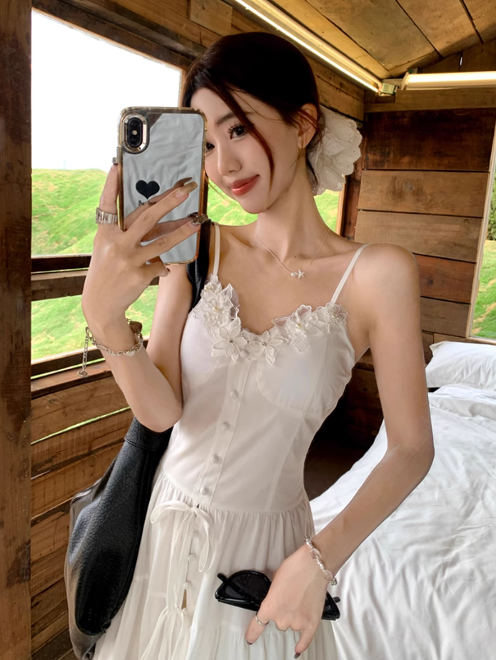 Fairy white Dingdal skirt waist skirt lace splicing slit suspender dress R1755