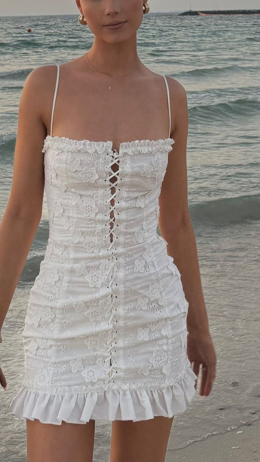 White suspender embroidery elegant sexy slim lace short skirt homecoming dress R4006