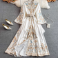 New style palace style retro print long sleeve waist long skirt single breasted stand collar dress R0322