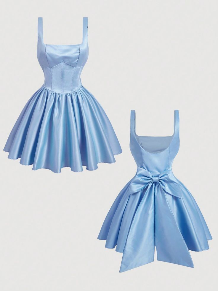 Minimalist Pale Blue A-Line Square Bow Ribbon Satin Bodycon Mini Dress Homecoming Dress RS180