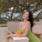 Green suspender dress, elegant waist, slim fit, hip skirt R0535