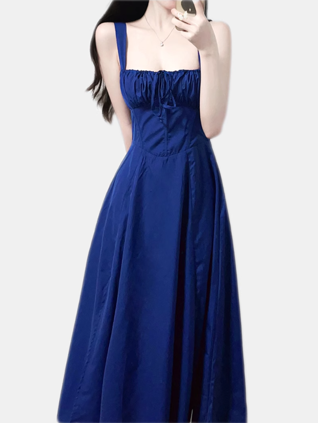 2025 Summer New Blue Slit Sexy Waist Temperament Suspender Dress R0901