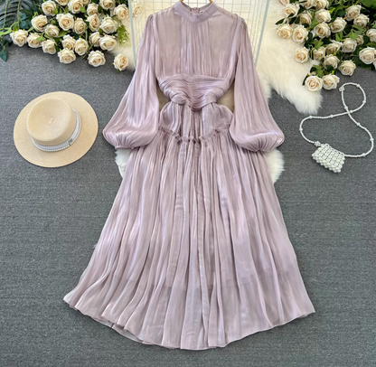 Spring and autumn lantern long sleeve stand collar waist slim pleated A-line dress holiday long skirt R0309