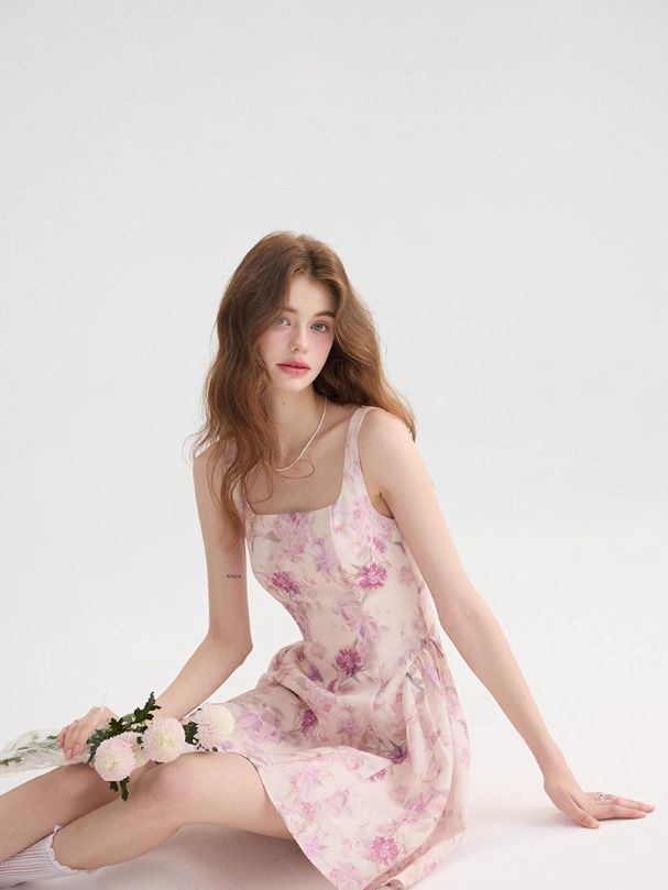 Floral suspender skirt with pink mini skirt R2662