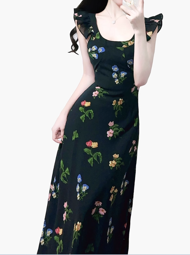 2025 summer new black floral waist slimming small flying sleeves holiday dress R0953