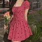 Pink Floral Puff Sleeves Slim Cute Miniskirt Homecoming Dress R4003